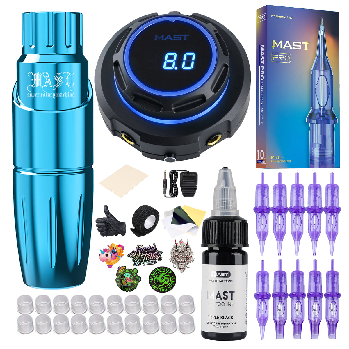 Mast Tour Tattoo Machine Pro Cartridges Kit Halo Power Supply Blue