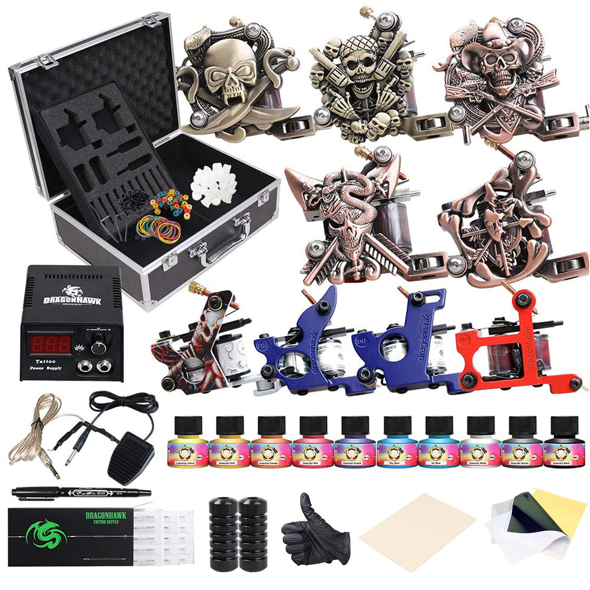 Dragonhawk Complete Traditional Coils Tattoo Machine Kit with 9