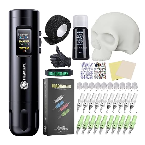 Dragonhawk Practice Dragonhawk X7 Wireless Tattoo Pen Machine Gun Kit with Large Practice ...