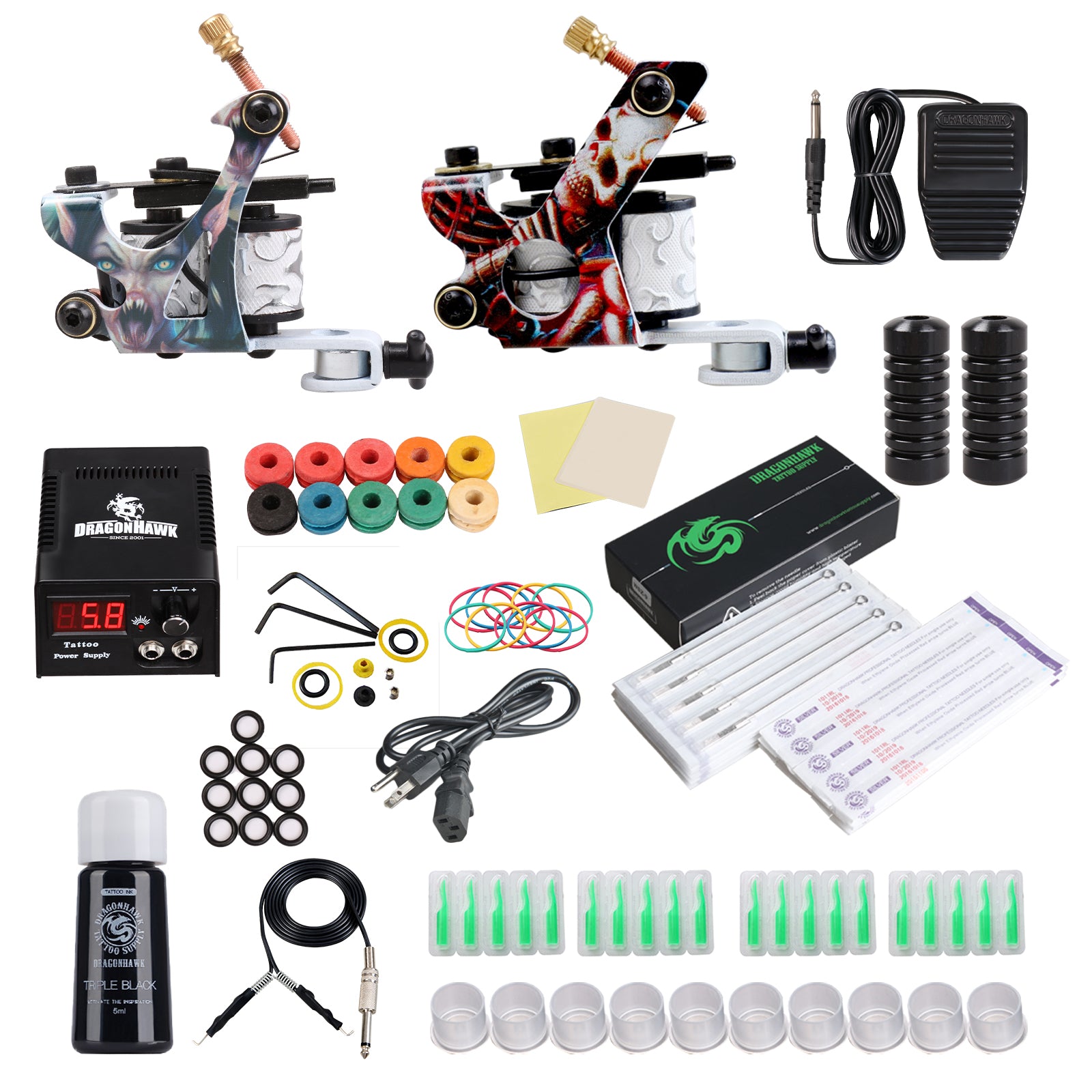 Dragonhawk Complete Tattoo Kit 2 Machine Tattoo Gun Power Supply Needl