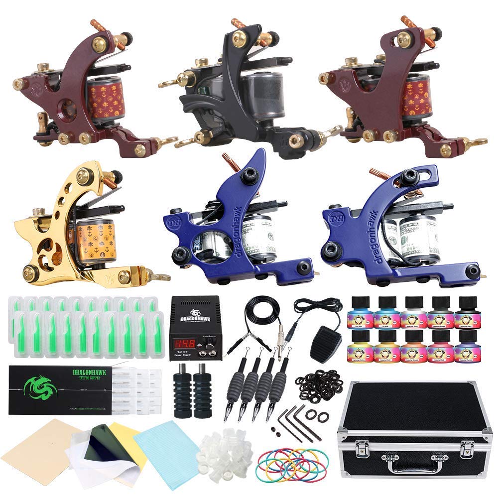 Dragonhawk Complete Tattoo Kit Starter Coils Tattoo Machine Kit Immortal  Tattoo Inks Power Supply Needles Grips Tips Foot Pedal Clip Cord with Carry 